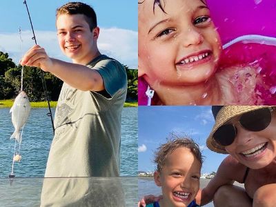 Leo Hijazi is in a bathtub, Lenon Hijazi is on a beach with his mother, Jaime Pressly, and Dezi James Calvo is holding a fish he caught.